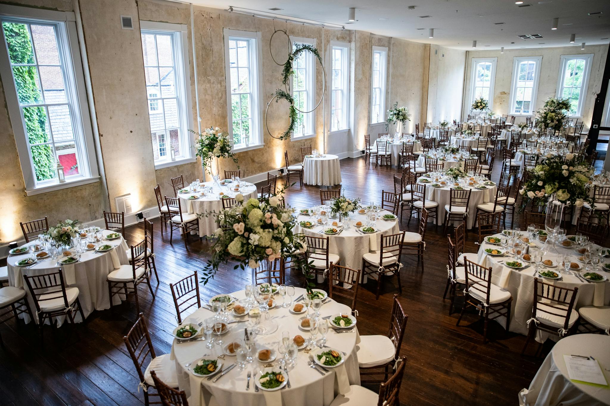 Beautifully decorated wedding reception with floral arrangements in Lancaster, PA.