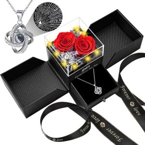Preserved eternal rose gift with I love you necklace for romantic events